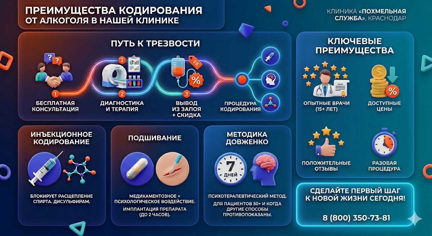 Инфографика о методах кодирования от алкоголя в Снежинске: инъекции, подшивание, метод Довженко. Преимущества клиники и этапы лечения.