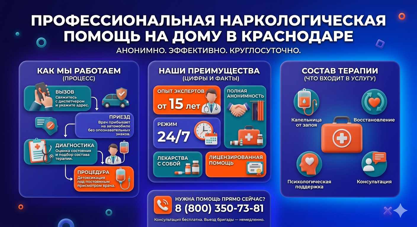 Инфографика о принципах лечения алкоголизма на дому в Снежинске: этапы вызова нарколога, преимущества анонимной детоксикации и состав медицинской помощи.